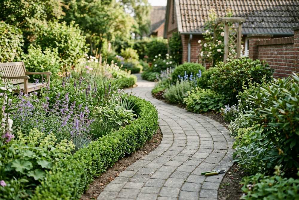 Geschwungener gepflasterter Gartenweg durch einen Hausgarten