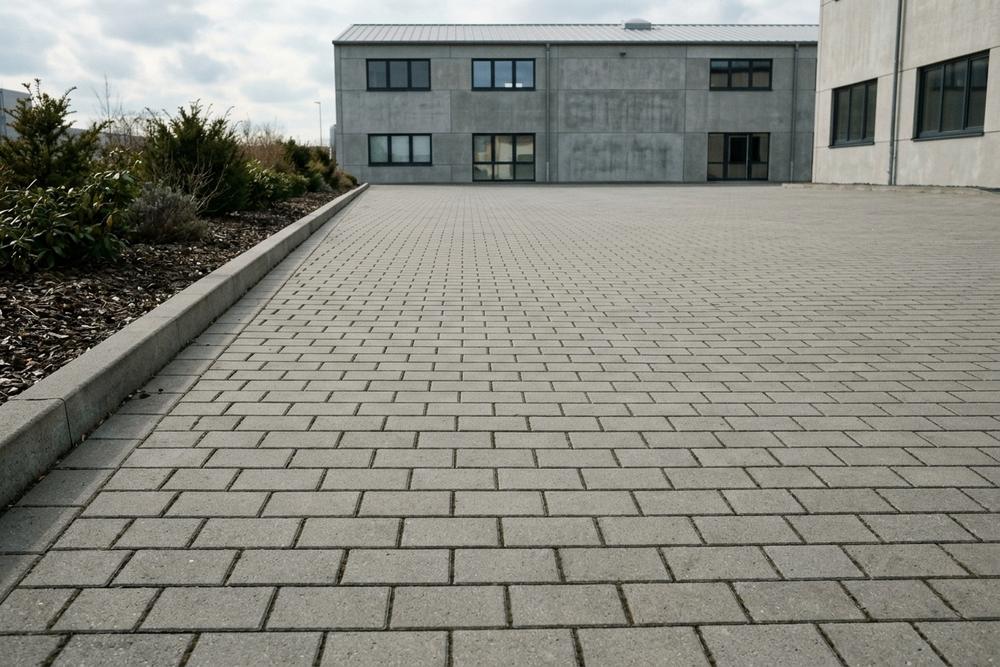 Großflächiger gepflasterter Firmenparkplatz aus Betonstein