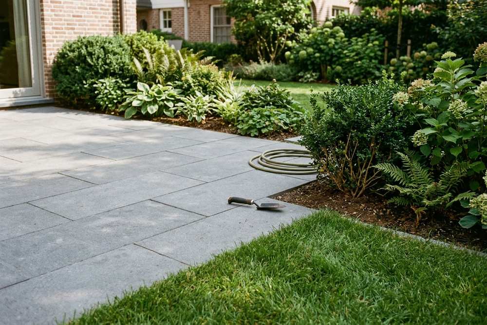 Gepflasterte Terrasse aus großformatigen Betonplatten in einem Garten