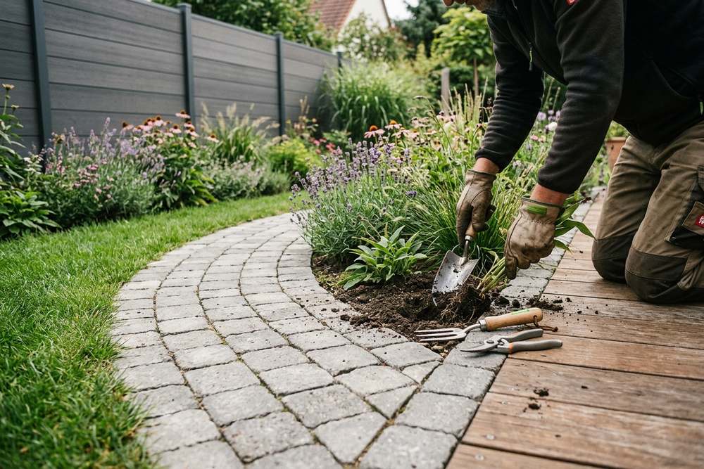 Garten mit Pflasterweg, Terrasse und Zaun aus einer Hand