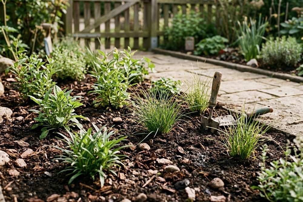Frisch gesetzte standortgerechte Stauden und Gräser in einem Garten