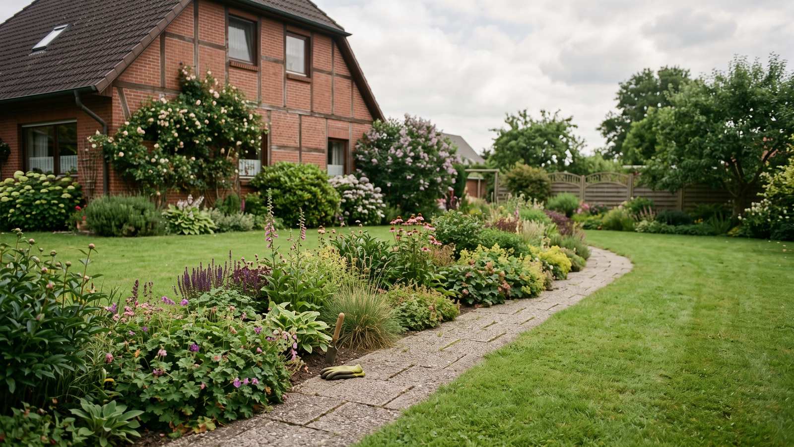 Fertig angelegter Garten mit Rasen, Staudenbeet und Pflasterweg an einem Wohnhaus