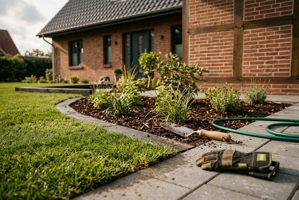Neu angelegter Garten rund um ein Neubauhaus