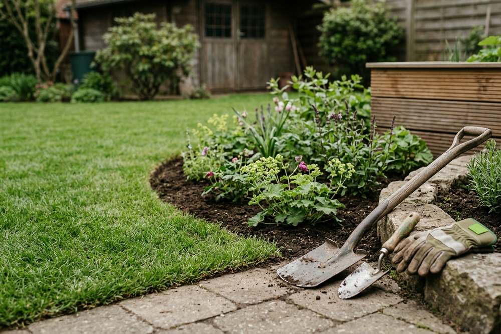 Neu gestalteter Garten mit Rasen, Beeten und Pflasterweg