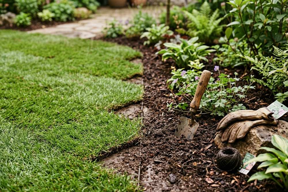 Frisch verlegter Rollrasen in einem Garten