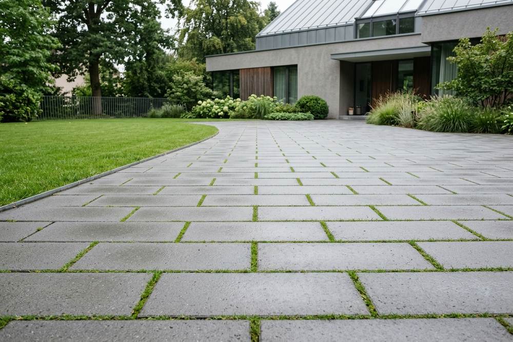 Versickerungsfähiges Rasenfugenpflaster aus grauen Betonsteinen mit begrünten Fugen