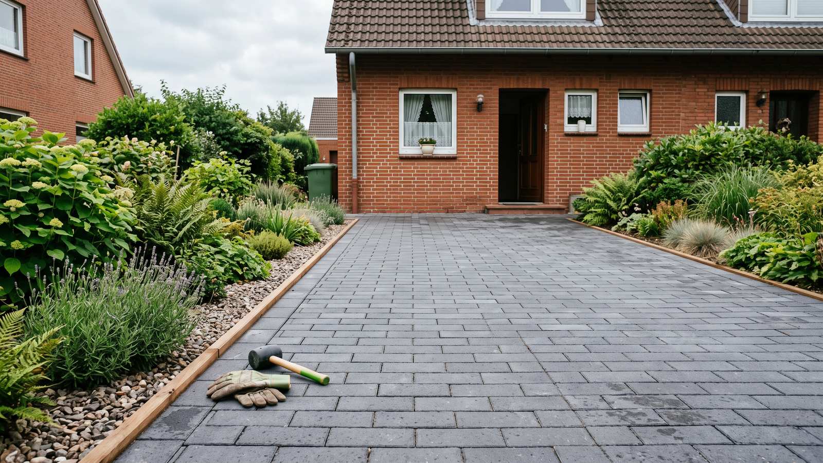 Frisch gepflasterte Einfahrt aus grauem Betonstein vor einem Wohnhaus