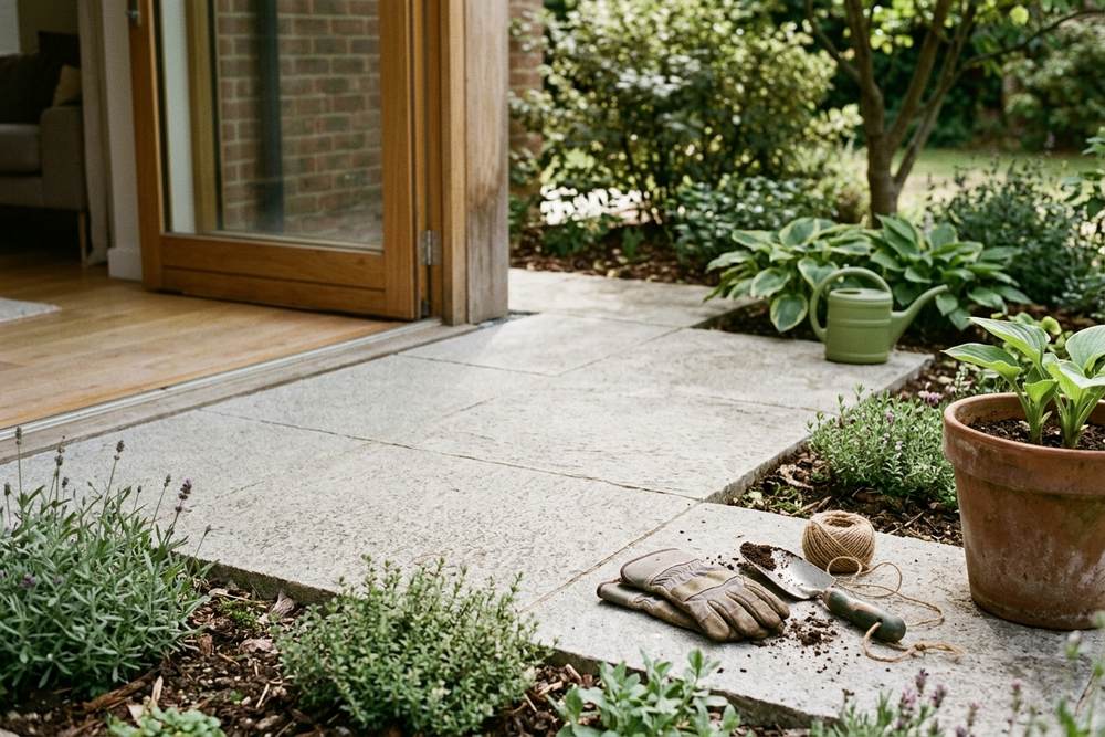 Ebenerdige Terrasse direkt am Haus mit Übergang zur Terrassentür