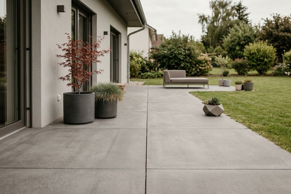 Terrasse aus großformatigen grauen Betonplatten am Haus