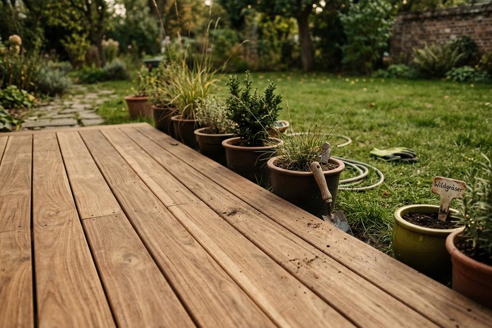Terrasse aus warmen Massivholz-Dielen in einem Garten