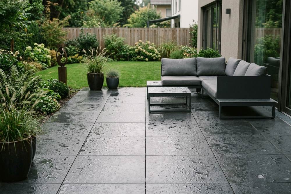 Terrasse aus anthrazitfarbenen Keramikplatten nach Regen
