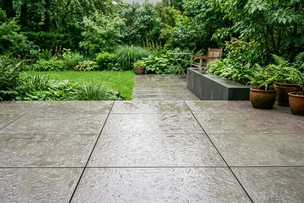 Nasse Keramik-Terrasse nach Regen mit abperlenden Tropfen in einem Garten