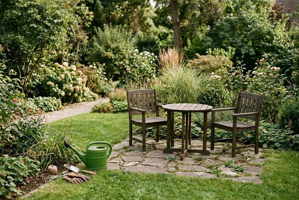 Freier Sitzplatz im Garten mit Tisch und Stühlen