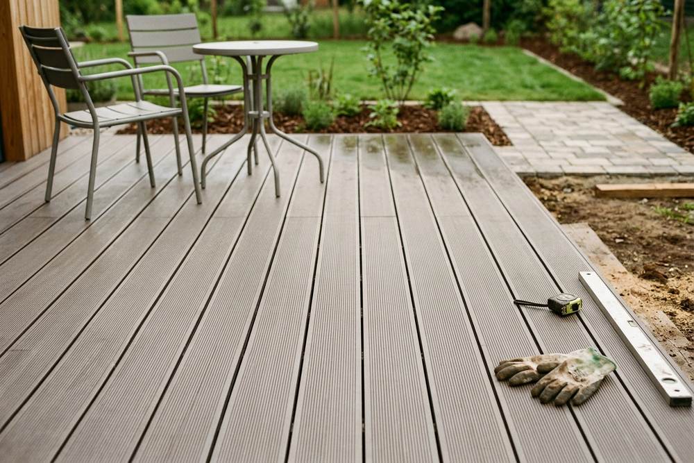 Terrasse aus graubraunen WPC-Dielen mit Sitzecke
