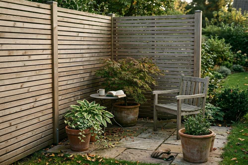 Blickdichter Sichtschutzzaun aus Holz um eine Garten-Ecke